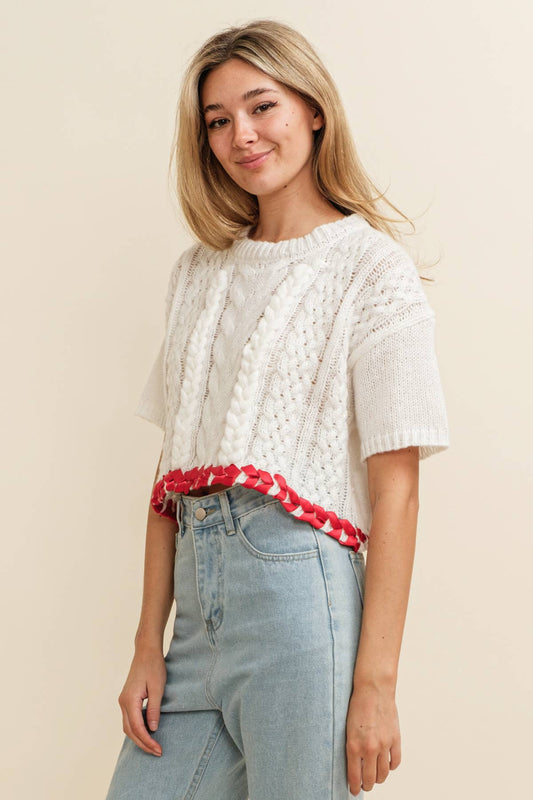 CABLE KNIT CONTRAST STITCH CROPPED SWEATER by Cloud Ten