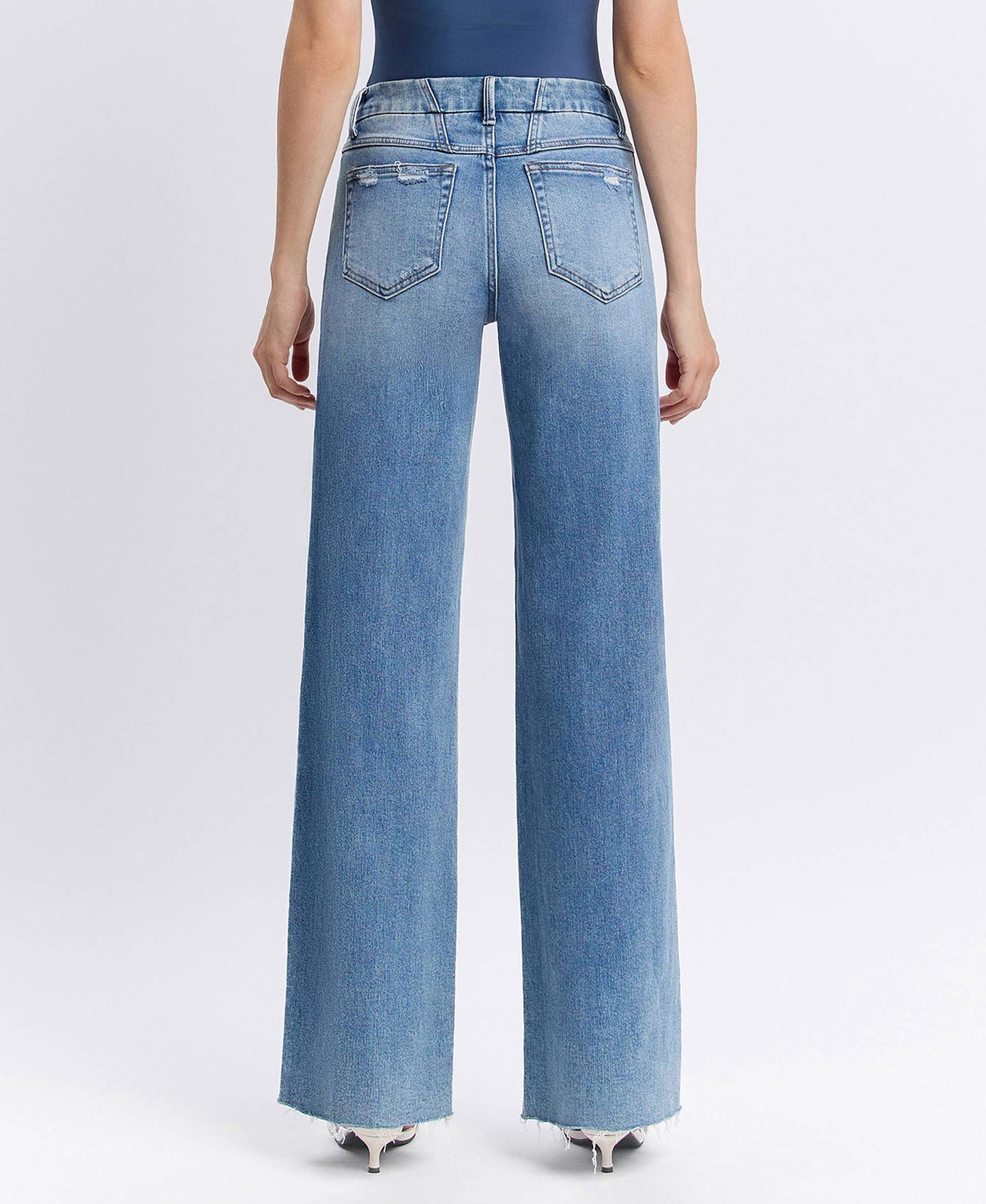 CAROLINA MID RISE CLEAN CUT RAW HEM WIDE JEANS