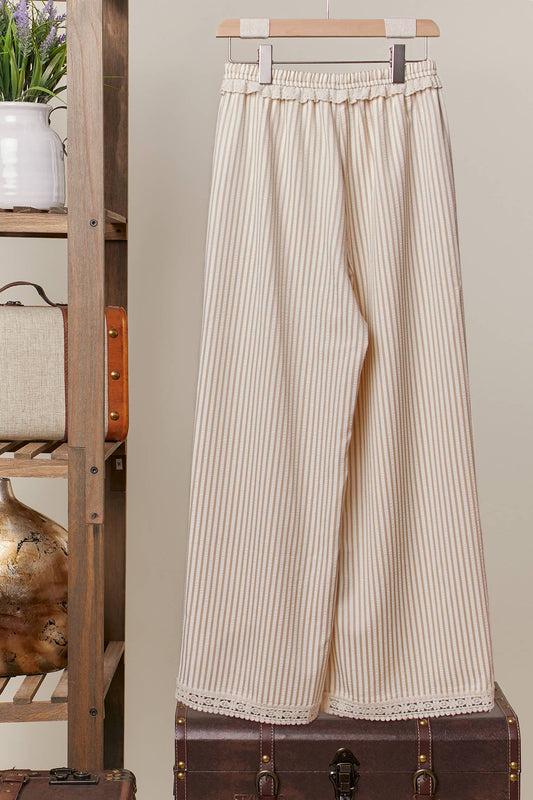 Striped Wide-Leg Pants with Lace Hem