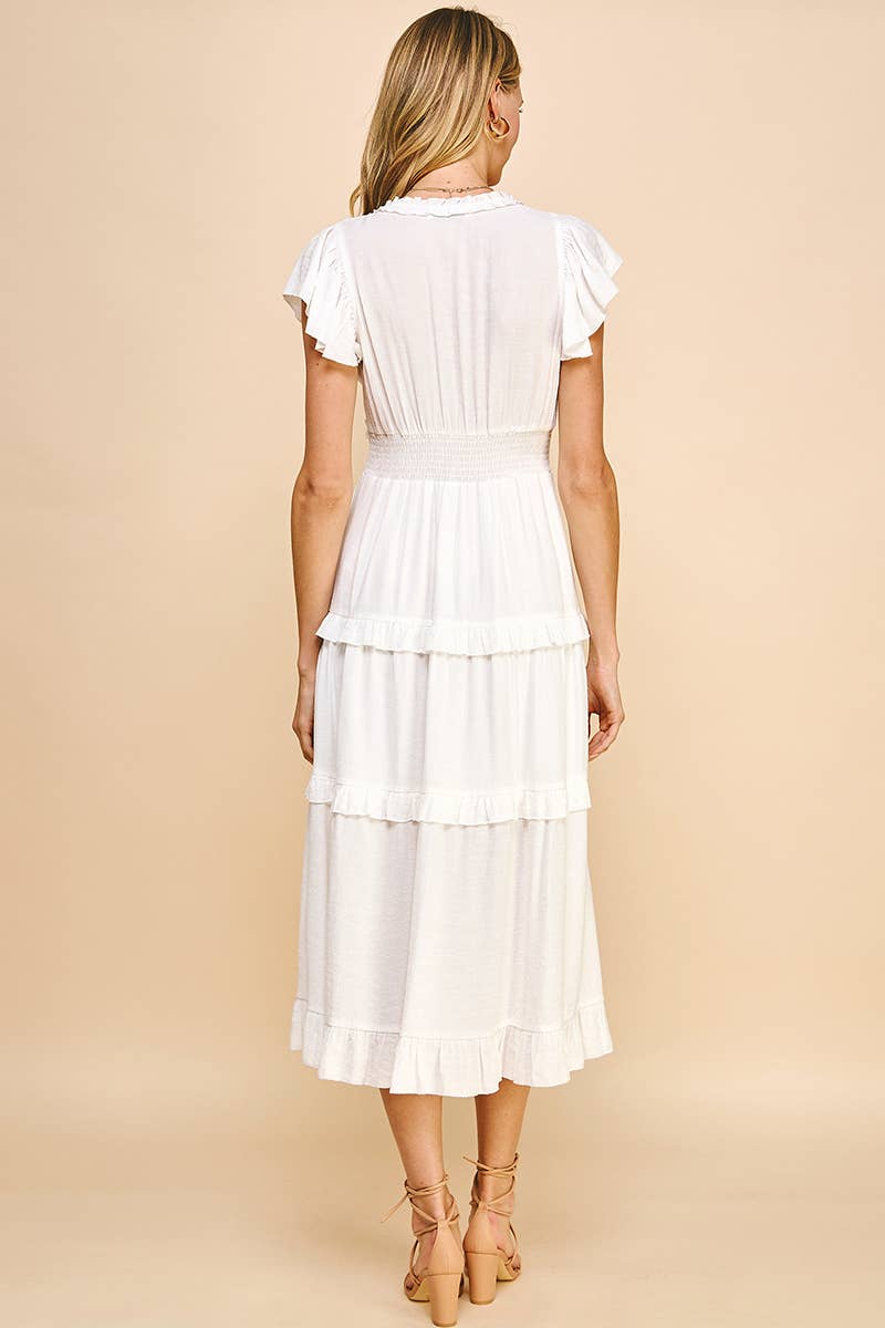 PINCH - RUFFLED TEA LENGTH DRESS - WHITE