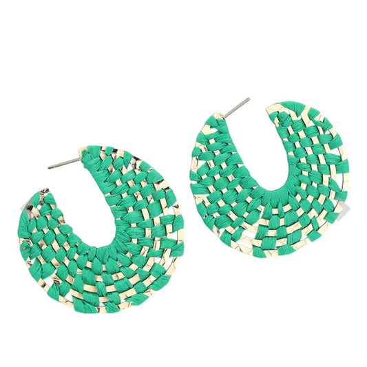 Green + Gold Raffia Wrapped Hoop Earrings | Raffia Hoop