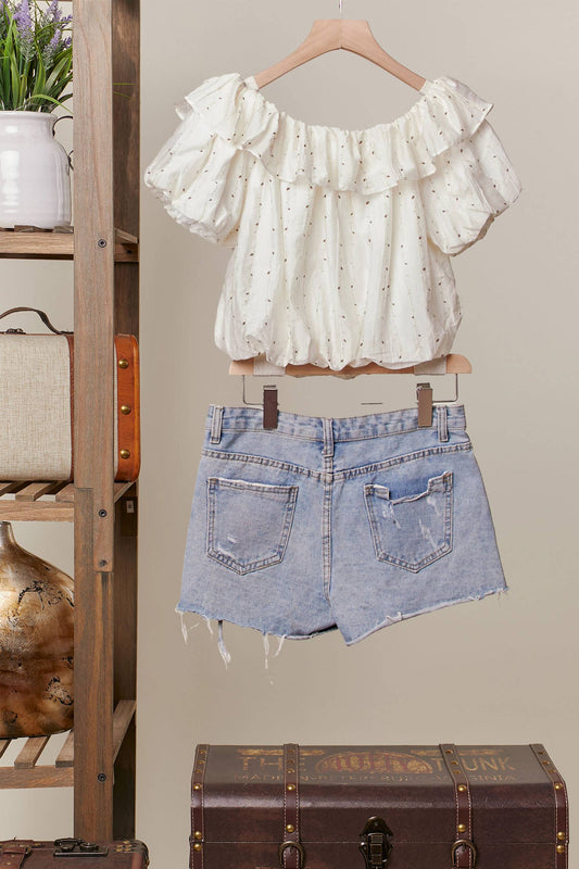 Printed Ruffle Off Shoulder Short Sleeve Top