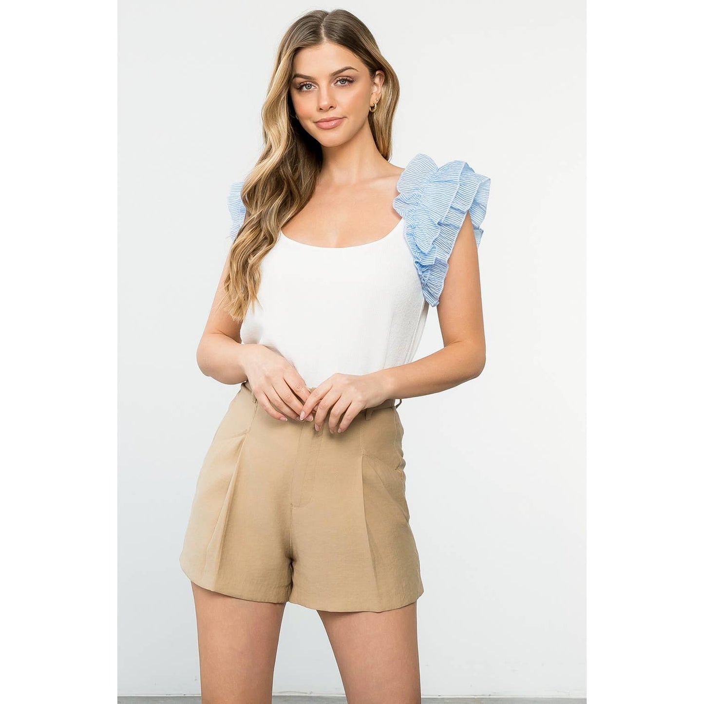 Avalon White Sleeveless Top with Blue Ruffle Stripe Detail