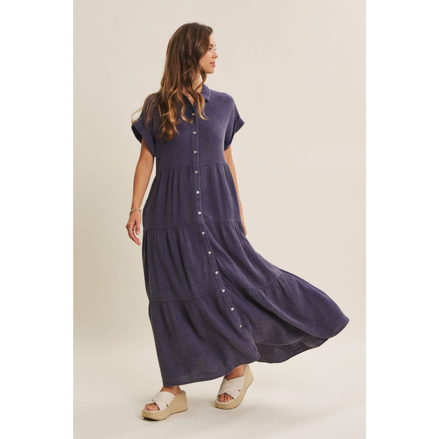 BREEZY MINERAL-WASHED GAUZE OVERSIZED MAXI SHIRT DRESS