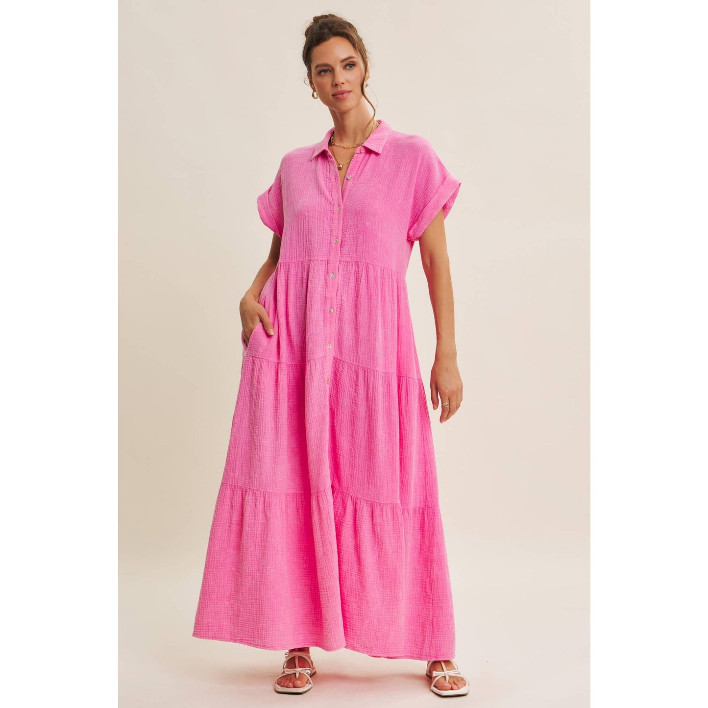 BREEZY MINERAL-WASHED GAUZE OVERSIZED MAXI SHIRT DRESS