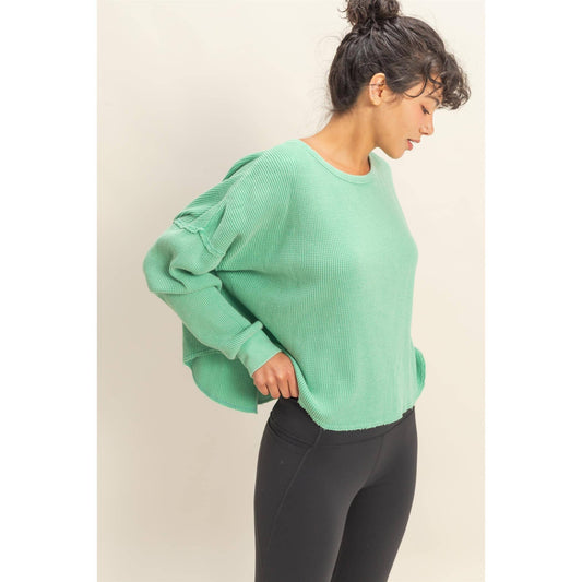 Mineral Wash Dropped Shoulder Waffle Knit Top