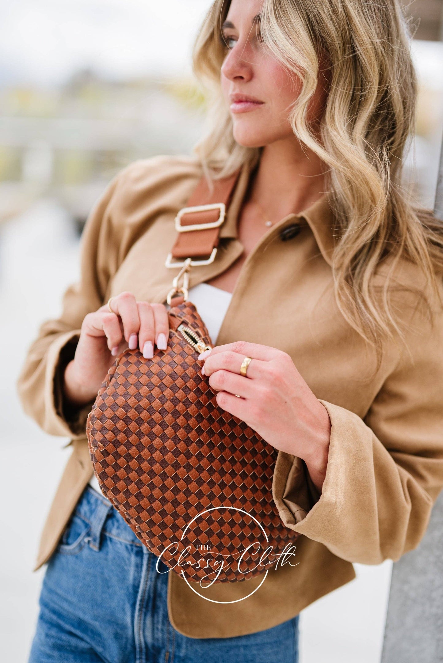 Willa Woven Bum Bag Crossbody - Brown & Tan Checkered