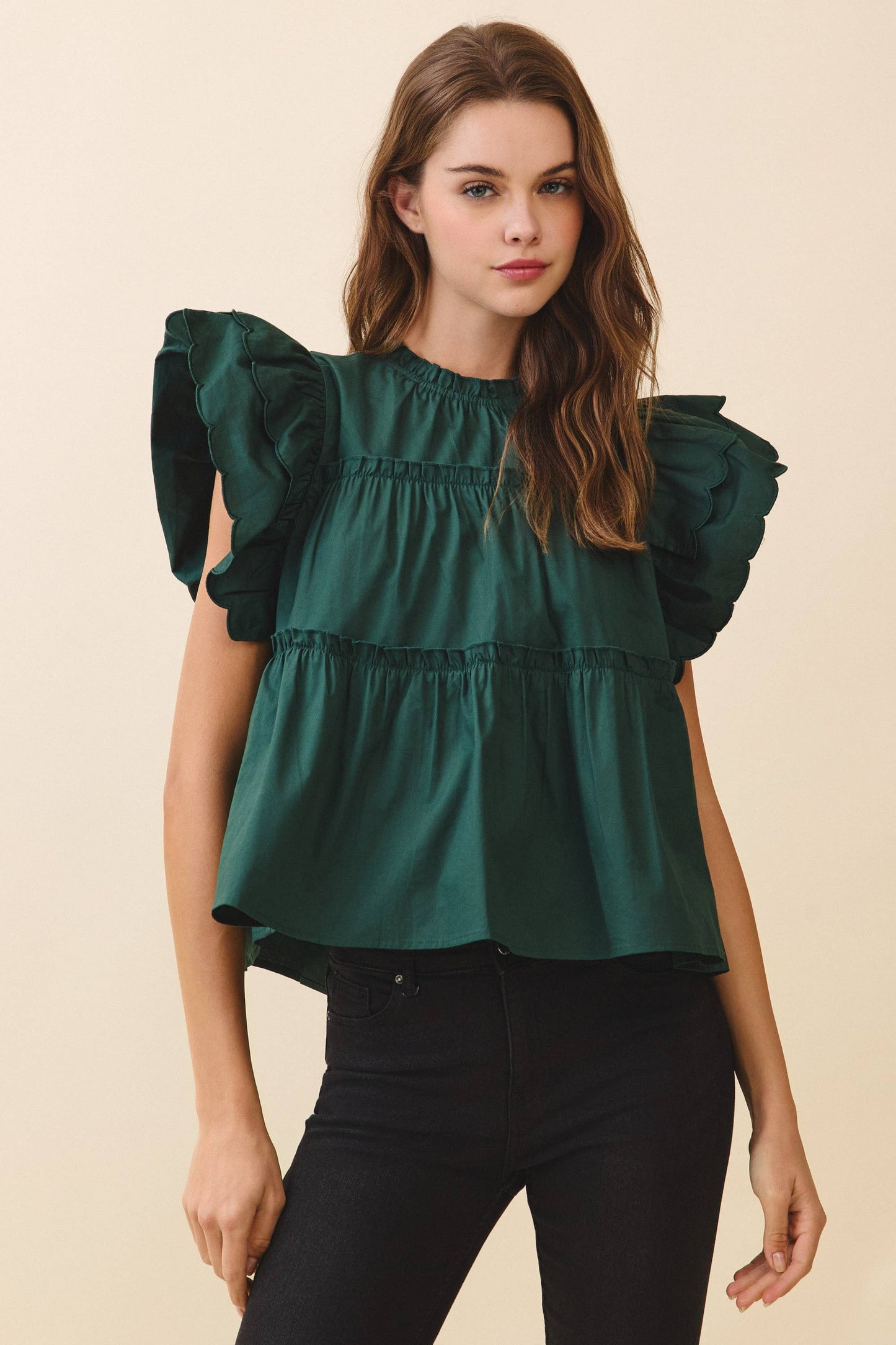 Mildred Dramatic Ruffle Sleeves Detail Tiered Poplin Top