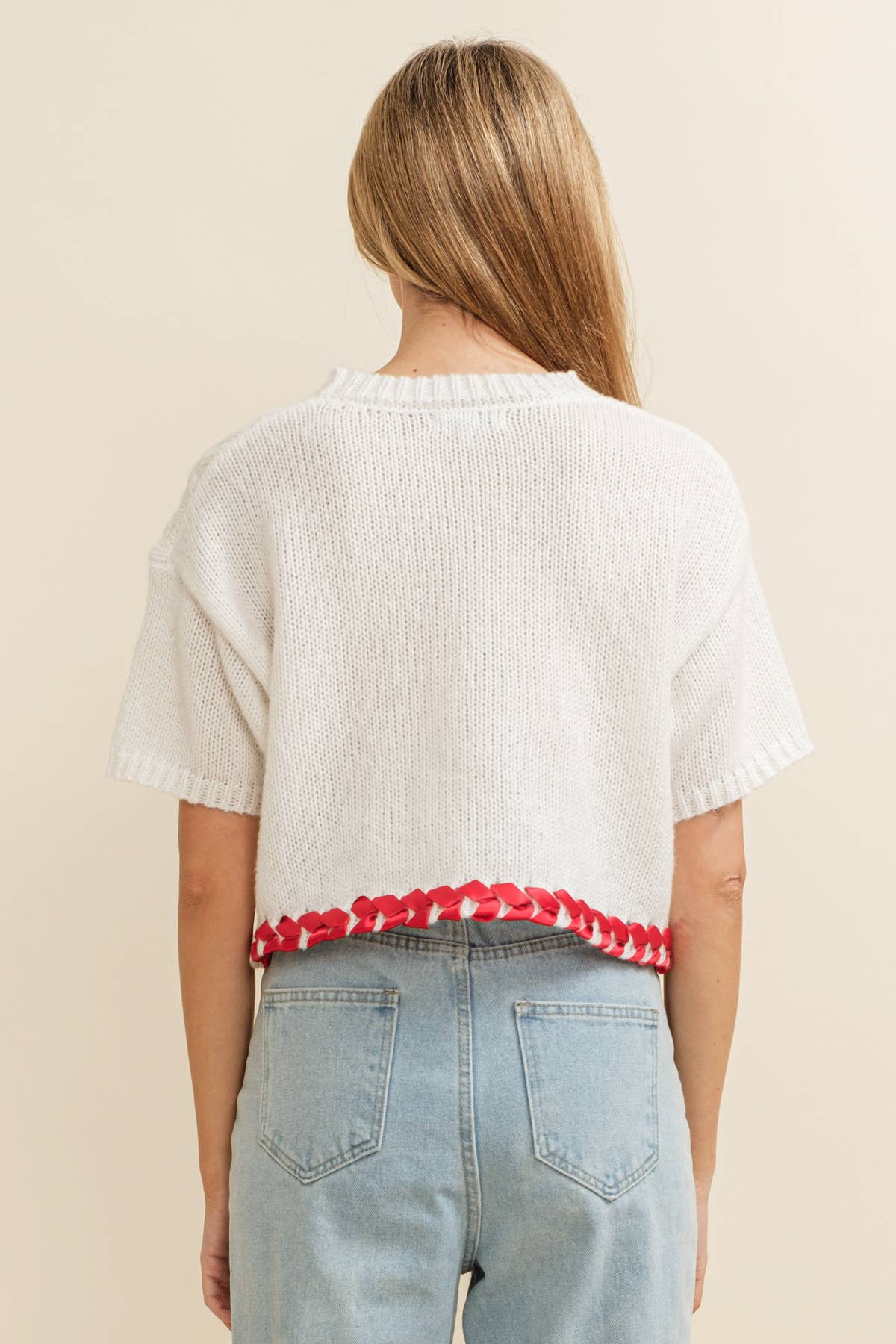 CABLE KNIT CONTRAST STITCH CROPPED SWEATER by Cloud Ten