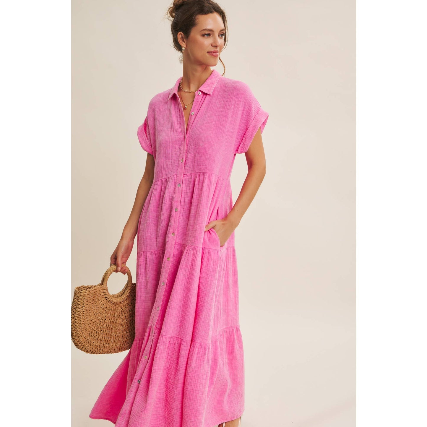 BREEZY MINERAL-WASHED GAUZE OVERSIZED MAXI SHIRT DRESS