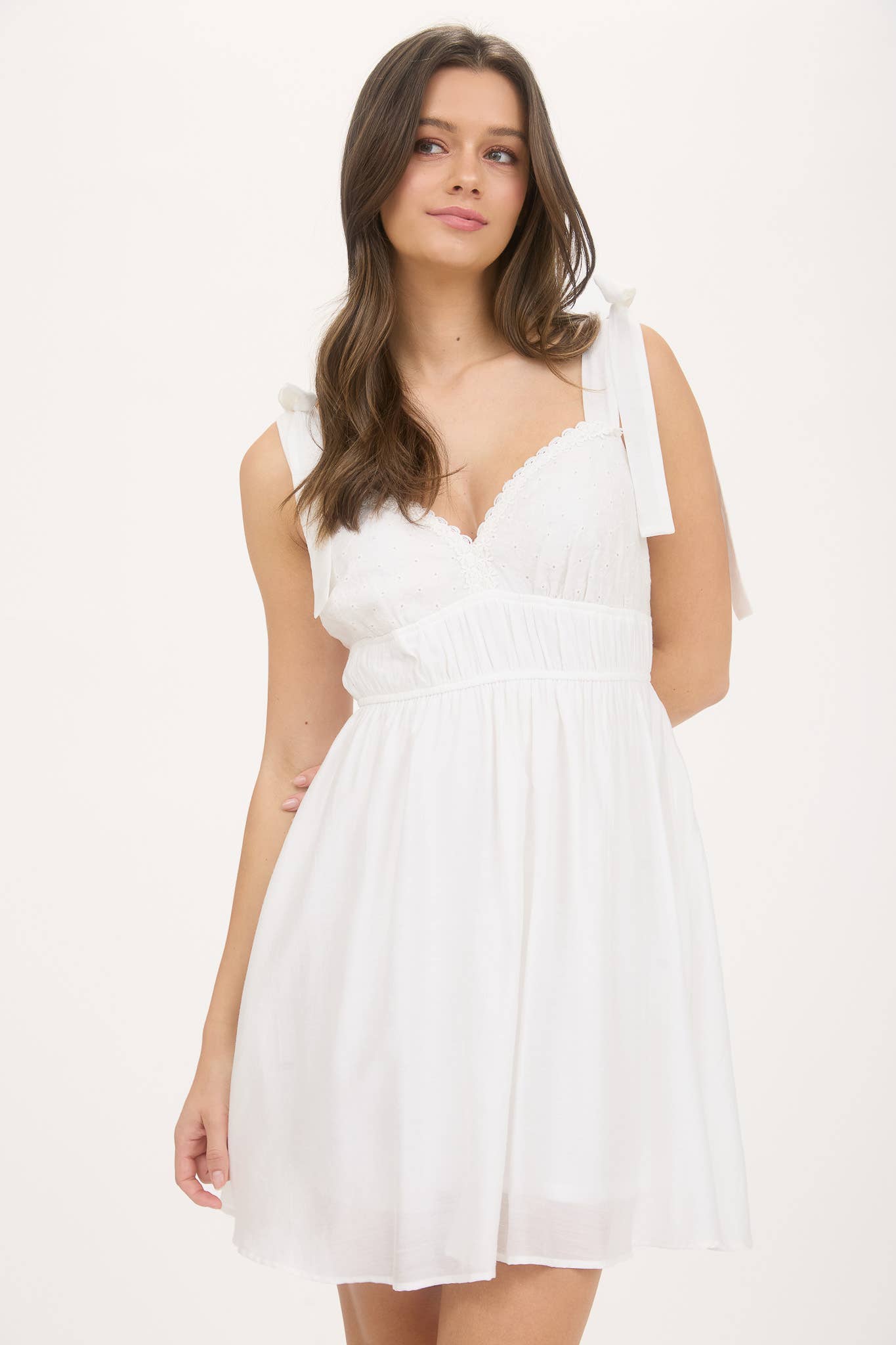 Eyelet Detail Lace Trim Tie Strap Mini Dress