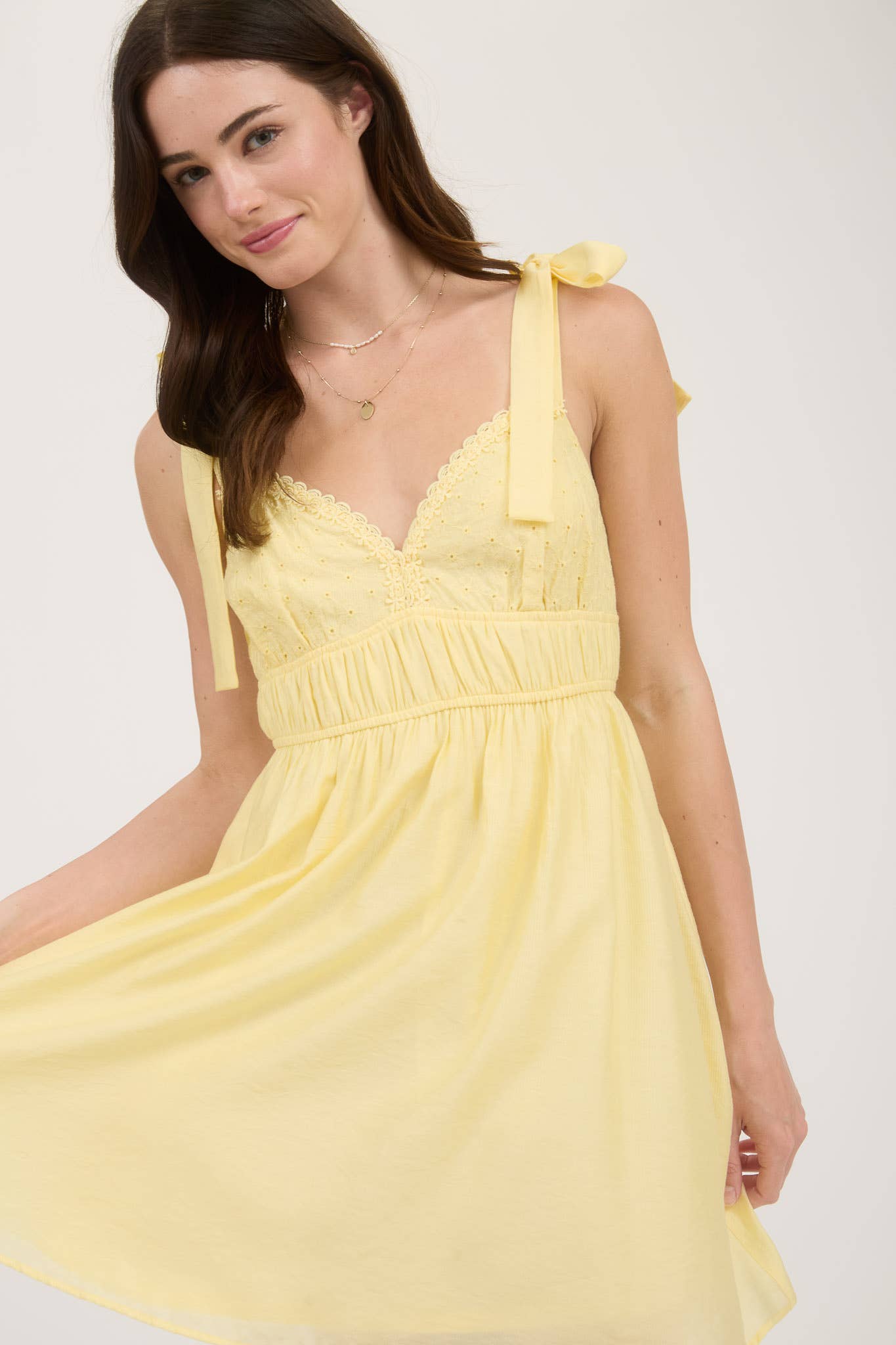 Eyelet Detail Lace Trim Tie Strap Mini Dress