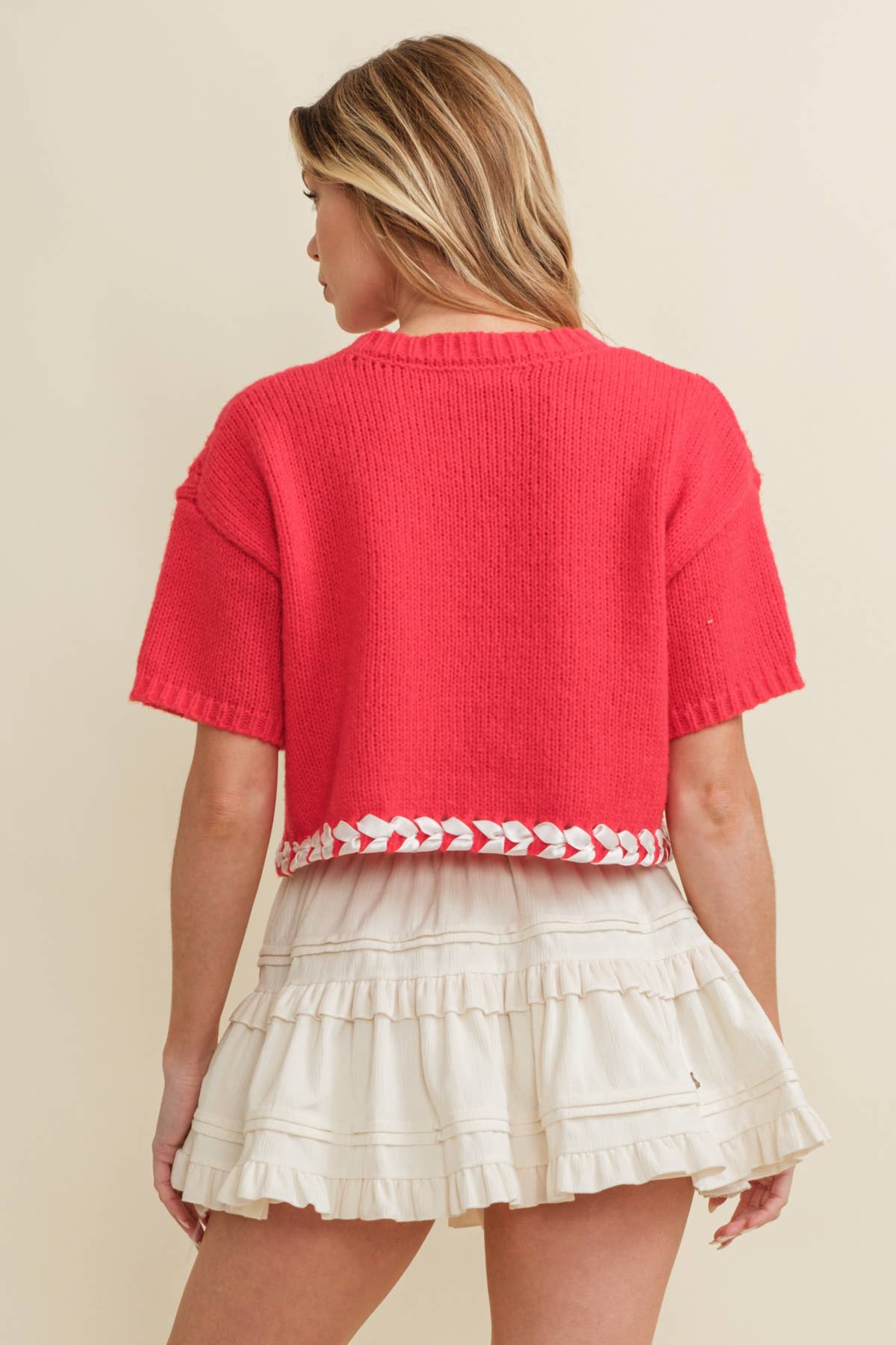 CABLE KNIT CONTRAST STITCH CROPPED SWEATER by Cloud Ten