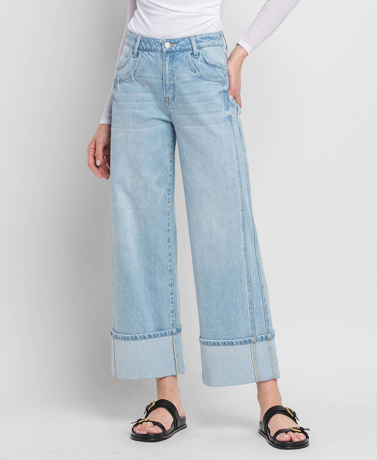 SUPER HIGH RISE CUFFED BAGGY WIDE JEANS BY VERVET by FLYING MONKEY