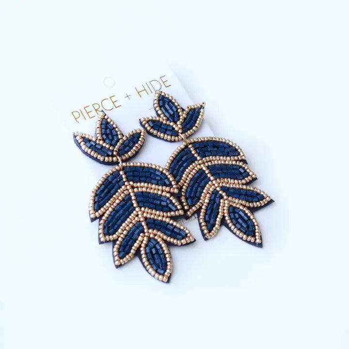 Navy Beaded Fleur De Lis Earring| Leaf Drop