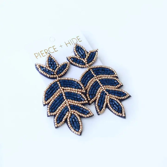 Navy Beaded Fleur De Lis Earring| Leaf Drop