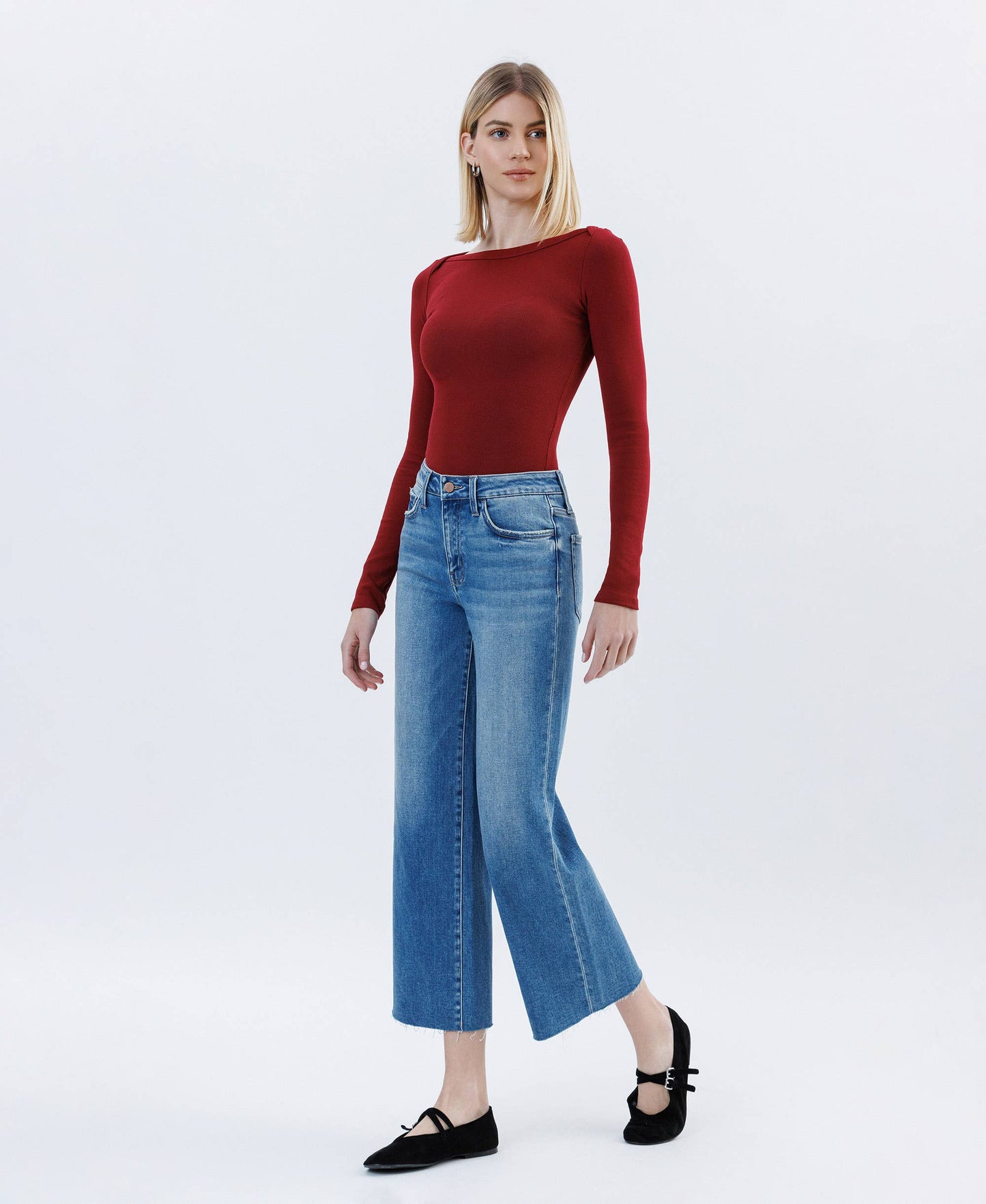 Flying Monkey -Jubilation High Rise Raw Hem Crop Slim Wide Jean