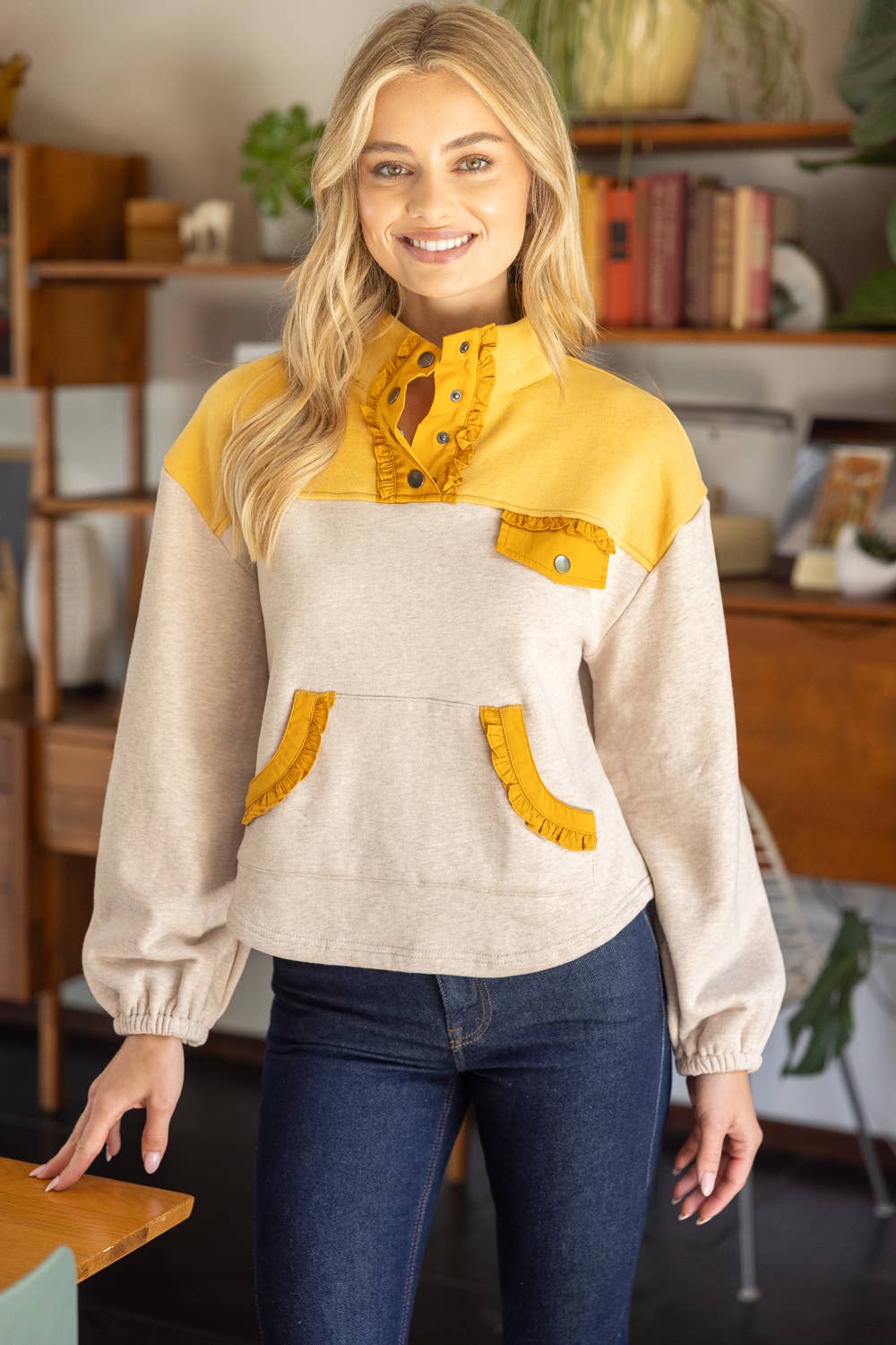 Color Block Quarter Snap Button Sweatshirt