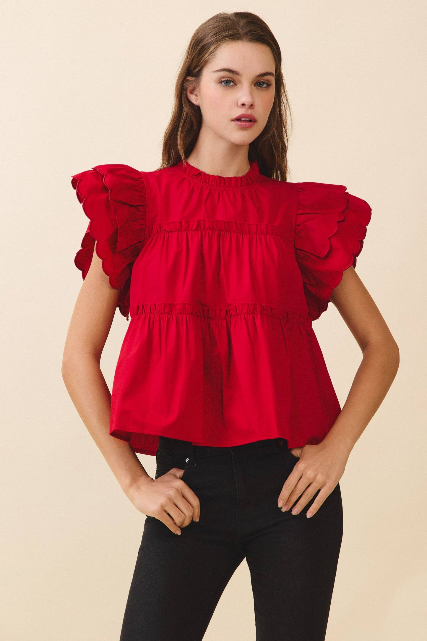 Mildred Dramatic Ruffle Sleeves Detail Tiered Poplin Top
