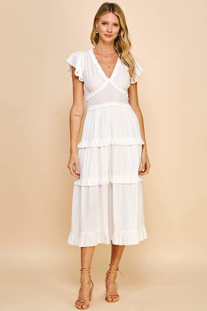 PINCH - RUFFLED TEA LENGTH DRESS - WHITE