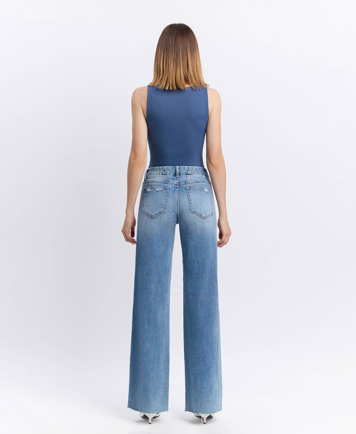 CAROLINA MID RISE CLEAN CUT RAW HEM WIDE JEANS