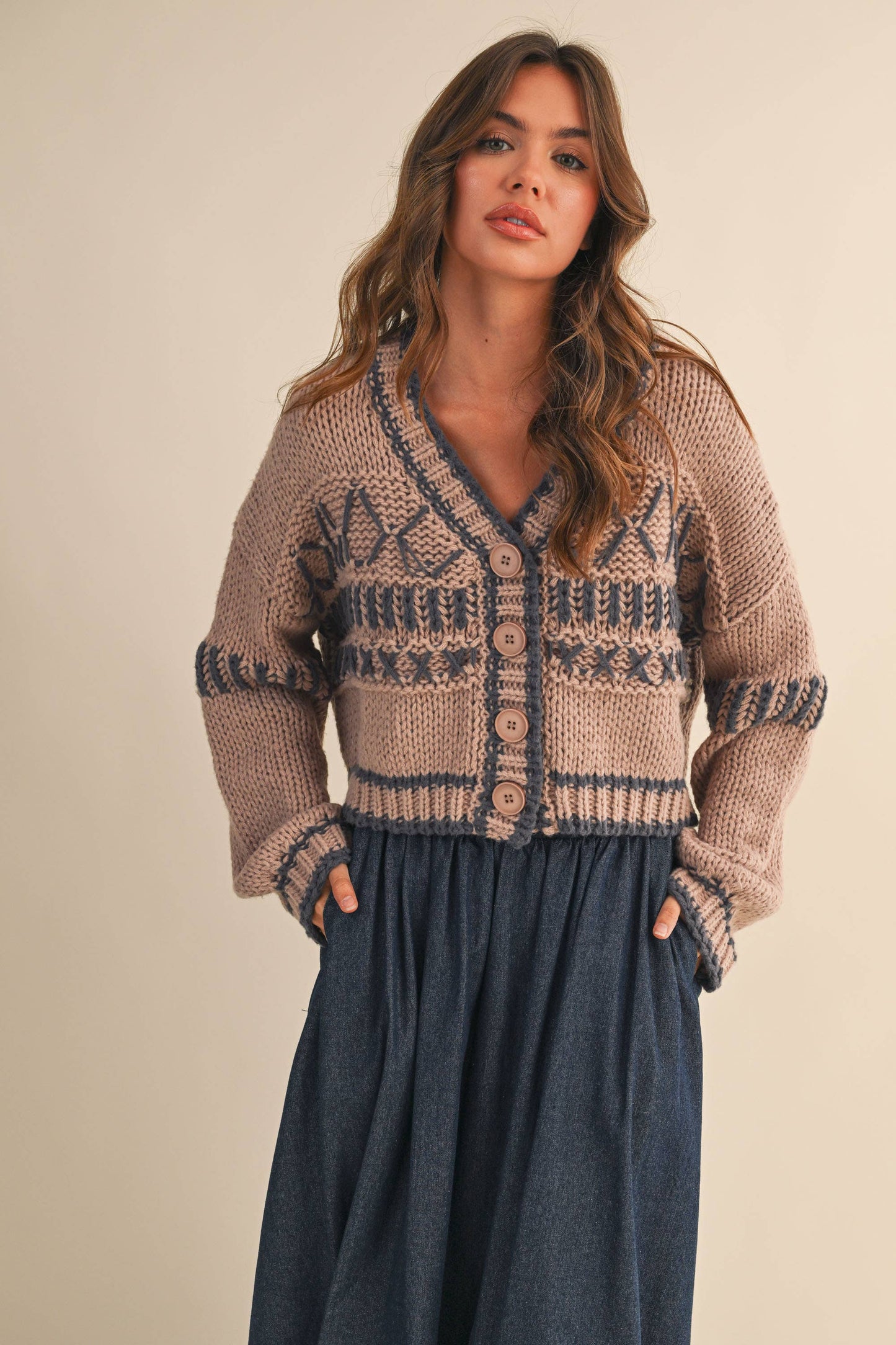 Miss Lila Patterned Cropped Sweater Cardigan
