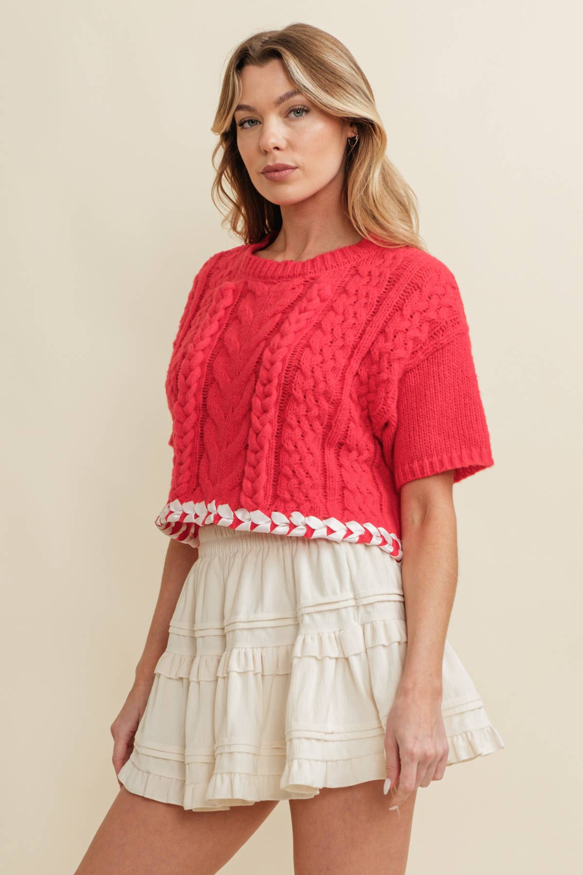 CABLE KNIT CONTRAST STITCH CROPPED SWEATER by Cloud Ten