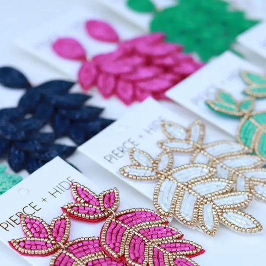 White Fleur De Lis Earring | Leaf Drop