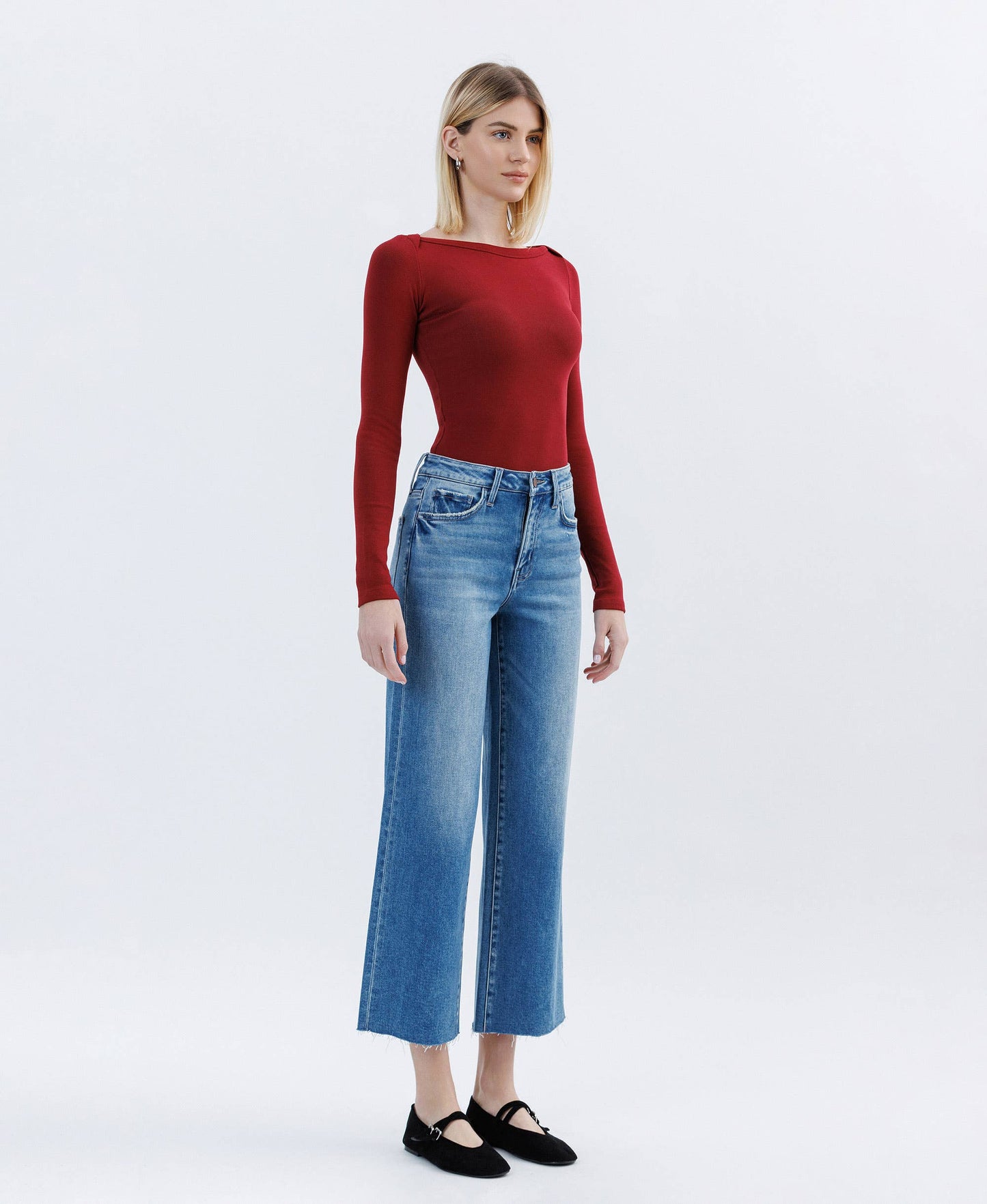 Flying Monkey -Jubilation High Rise Raw Hem Crop Slim Wide Jean