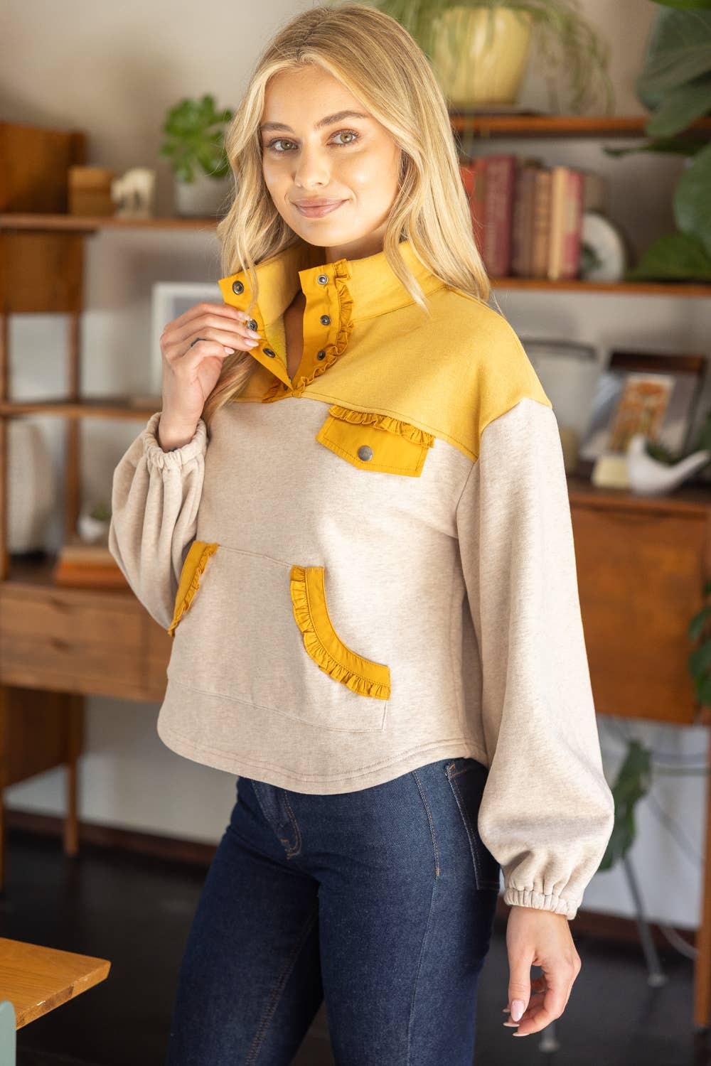 Color Block Quarter Snap Button Sweatshirt