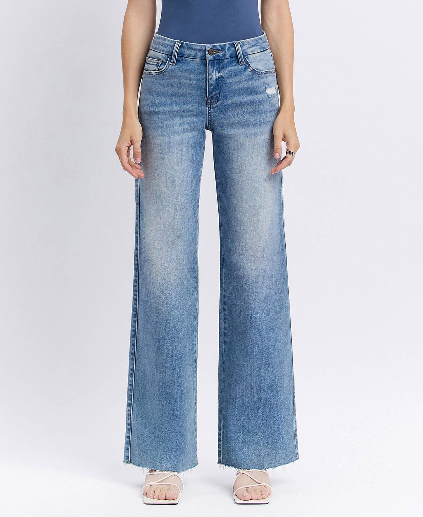 CAROLINA MID RISE CLEAN CUT RAW HEM WIDE JEANS