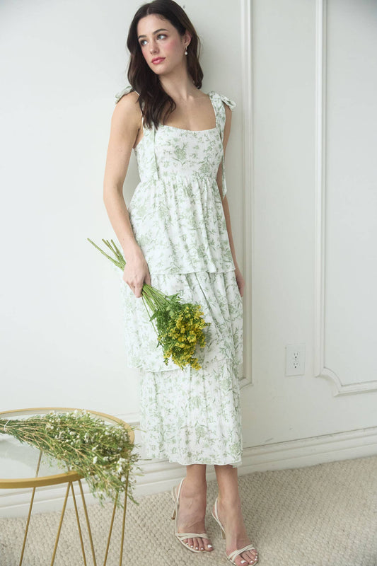 Floral Tie Ruffle Tiered Midi Dress