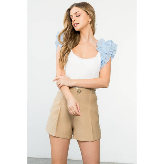 Avalon White Sleeveless Top with Blue Ruffle Stripe Detail