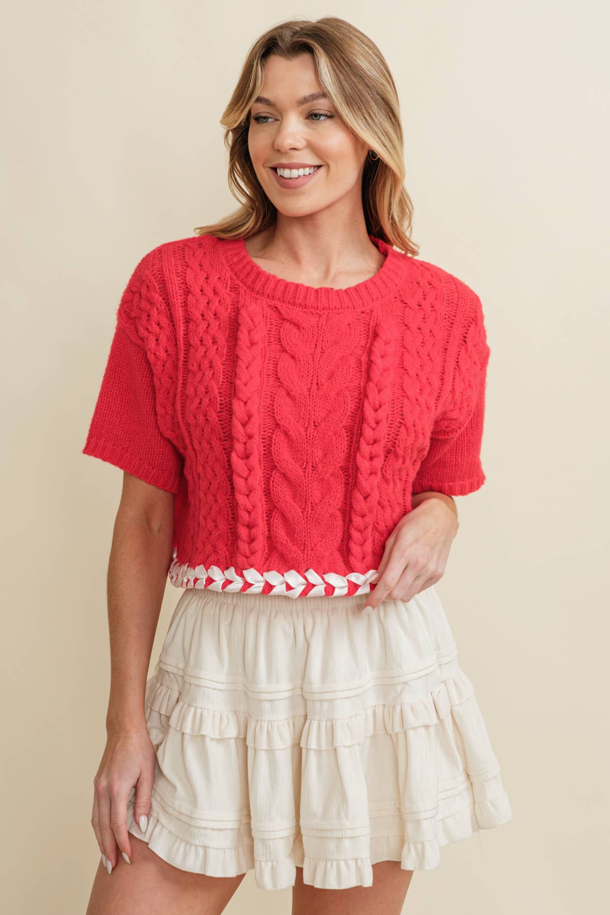 CABLE KNIT CONTRAST STITCH CROPPED SWEATER by Cloud Ten