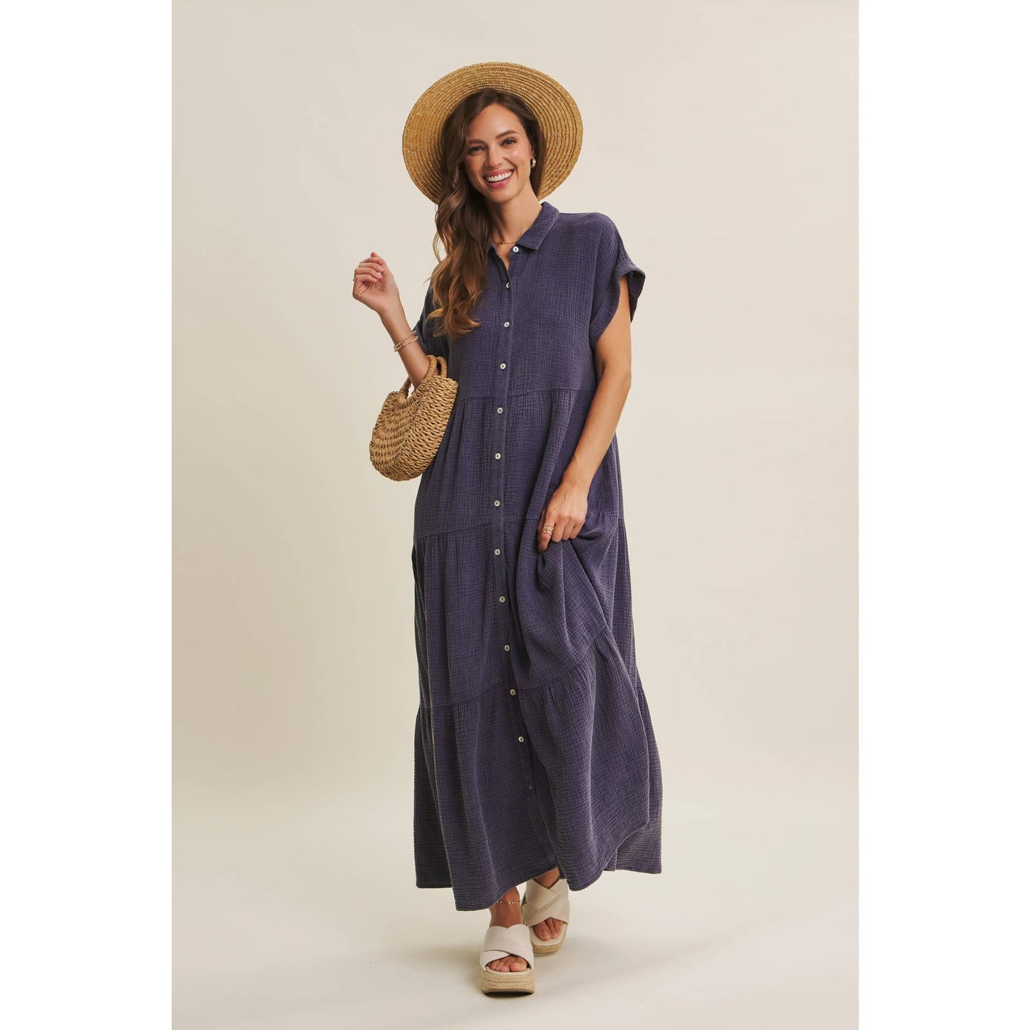 BREEZY MINERAL-WASHED GAUZE OVERSIZED MAXI SHIRT DRESS