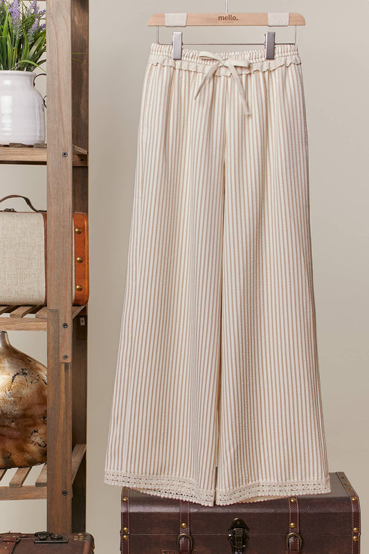 Striped Wide-Leg Pants with Lace Hem