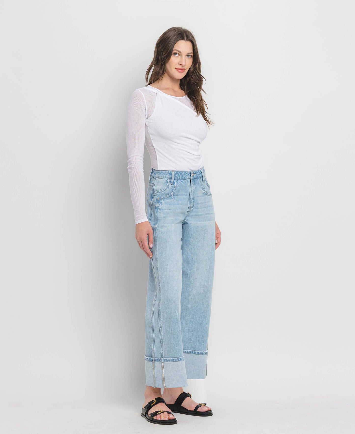 SUPER HIGH RISE CUFFED BAGGY WIDE JEANS BY VERVET by FLYING MONKEY