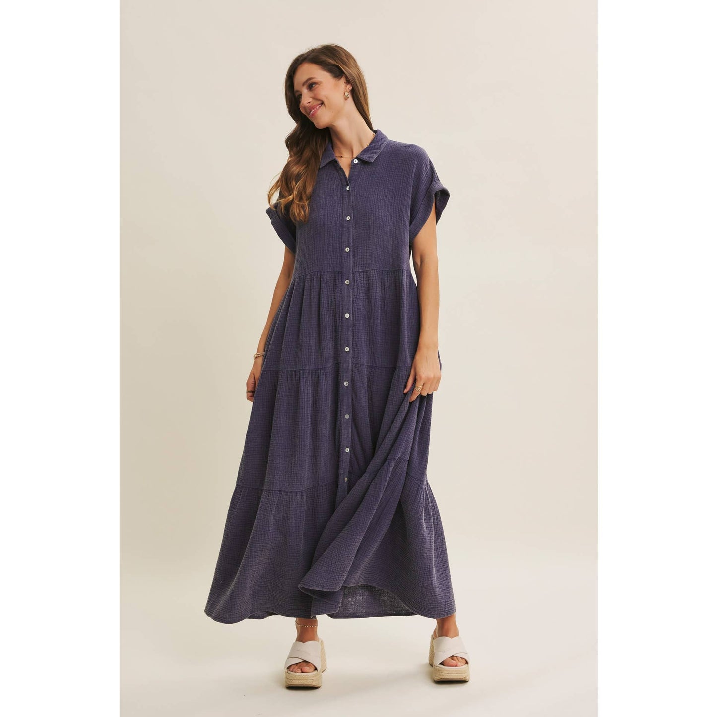 BREEZY MINERAL-WASHED GAUZE OVERSIZED MAXI SHIRT DRESS
