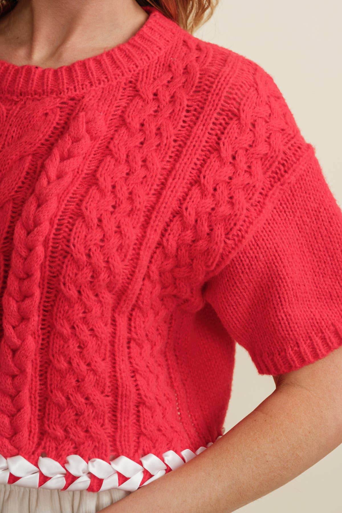 CABLE KNIT CONTRAST STITCH CROPPED SWEATER by Cloud Ten