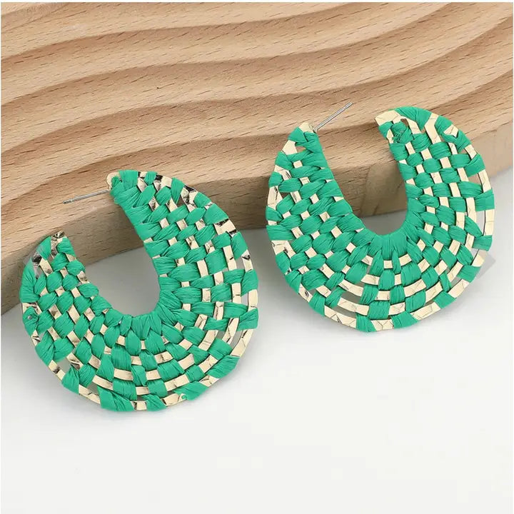 Green + Gold Raffia Wrapped Hoop Earrings | Raffia Hoop