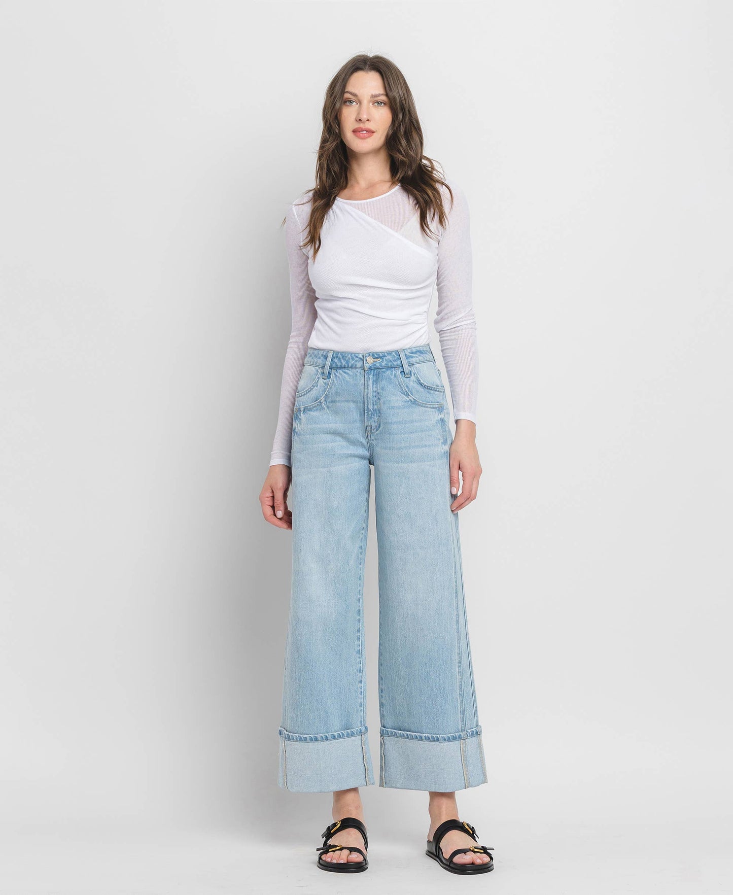 SUPER HIGH RISE CUFFED BAGGY WIDE JEANS BY VERVET by FLYING MONKEY
