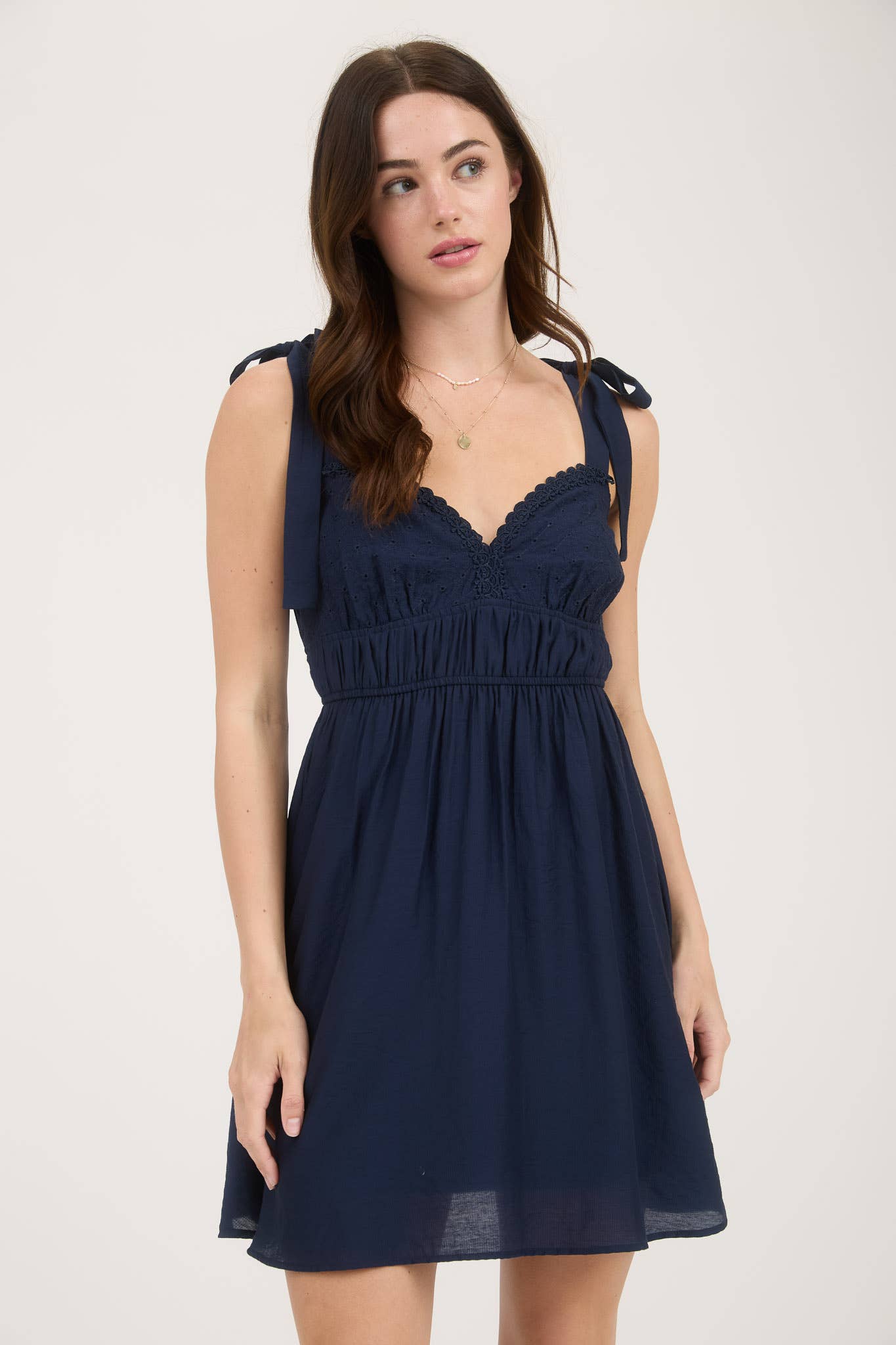 Eyelet Detail Lace Trim Tie Strap Mini Dress