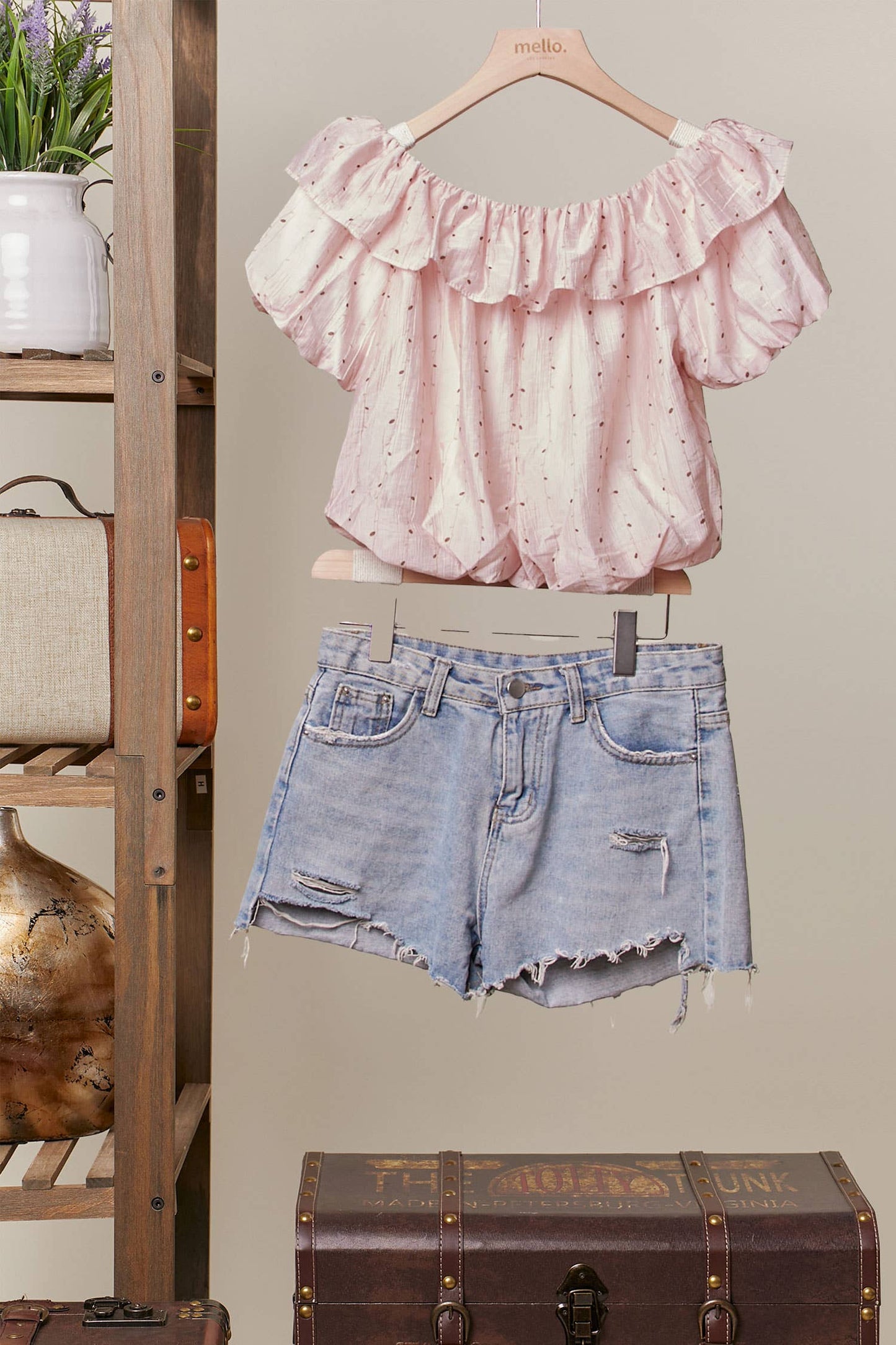 Printed Ruffle Off Shoulder Short Sleeve Top