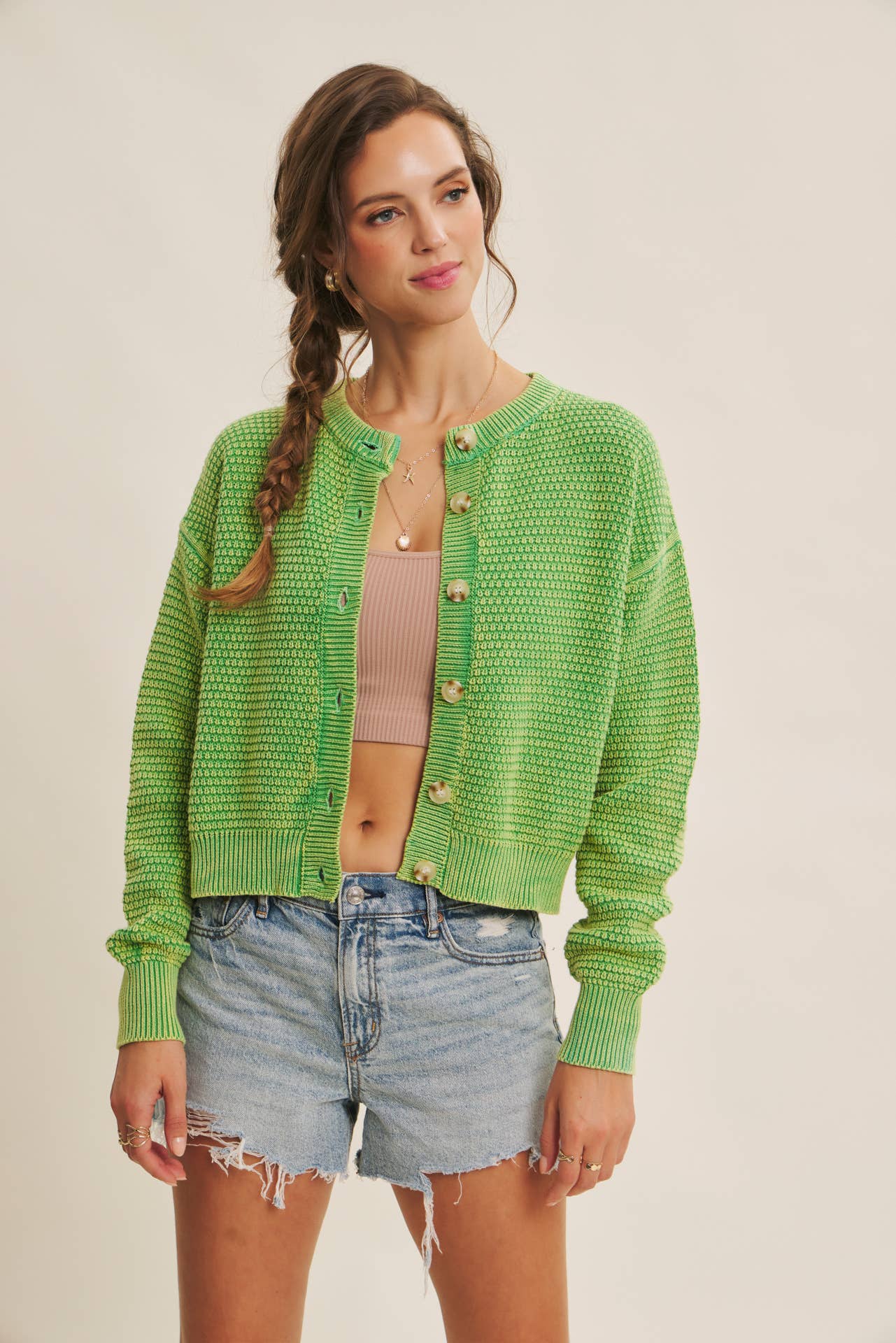 MINERAL-WASHED CABLE KNIT CARDIGAN