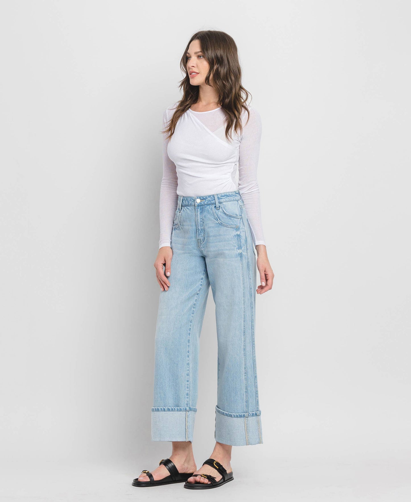 SUPER HIGH RISE CUFFED BAGGY WIDE JEANS BY VERVET by FLYING MONKEY