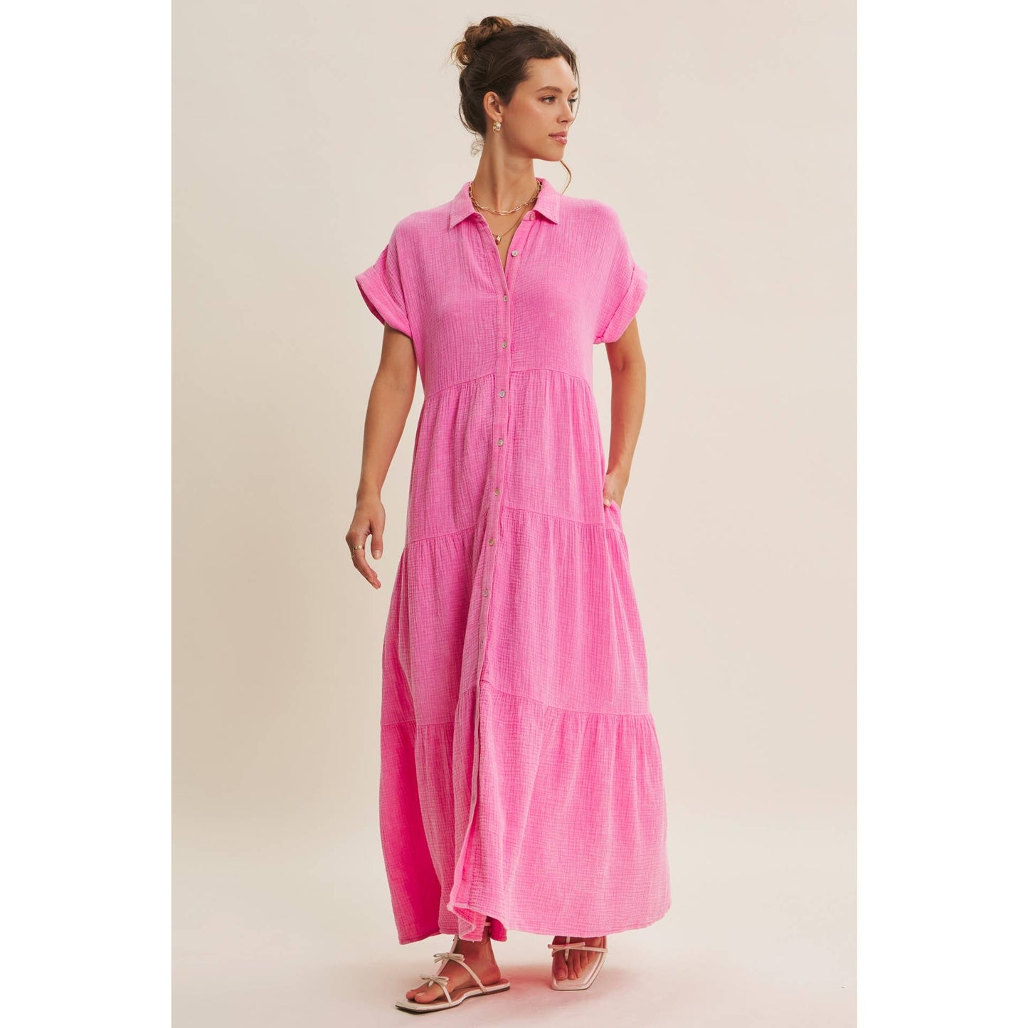 BREEZY MINERAL-WASHED GAUZE OVERSIZED MAXI SHIRT DRESS