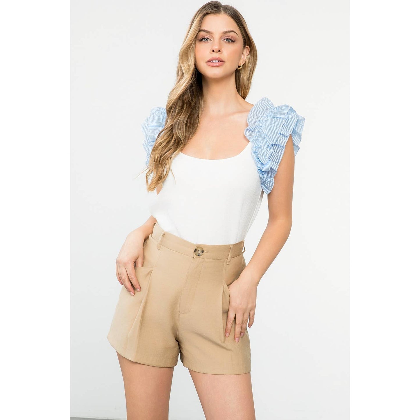 Avalon White Sleeveless Top with Blue Ruffle Stripe Detail