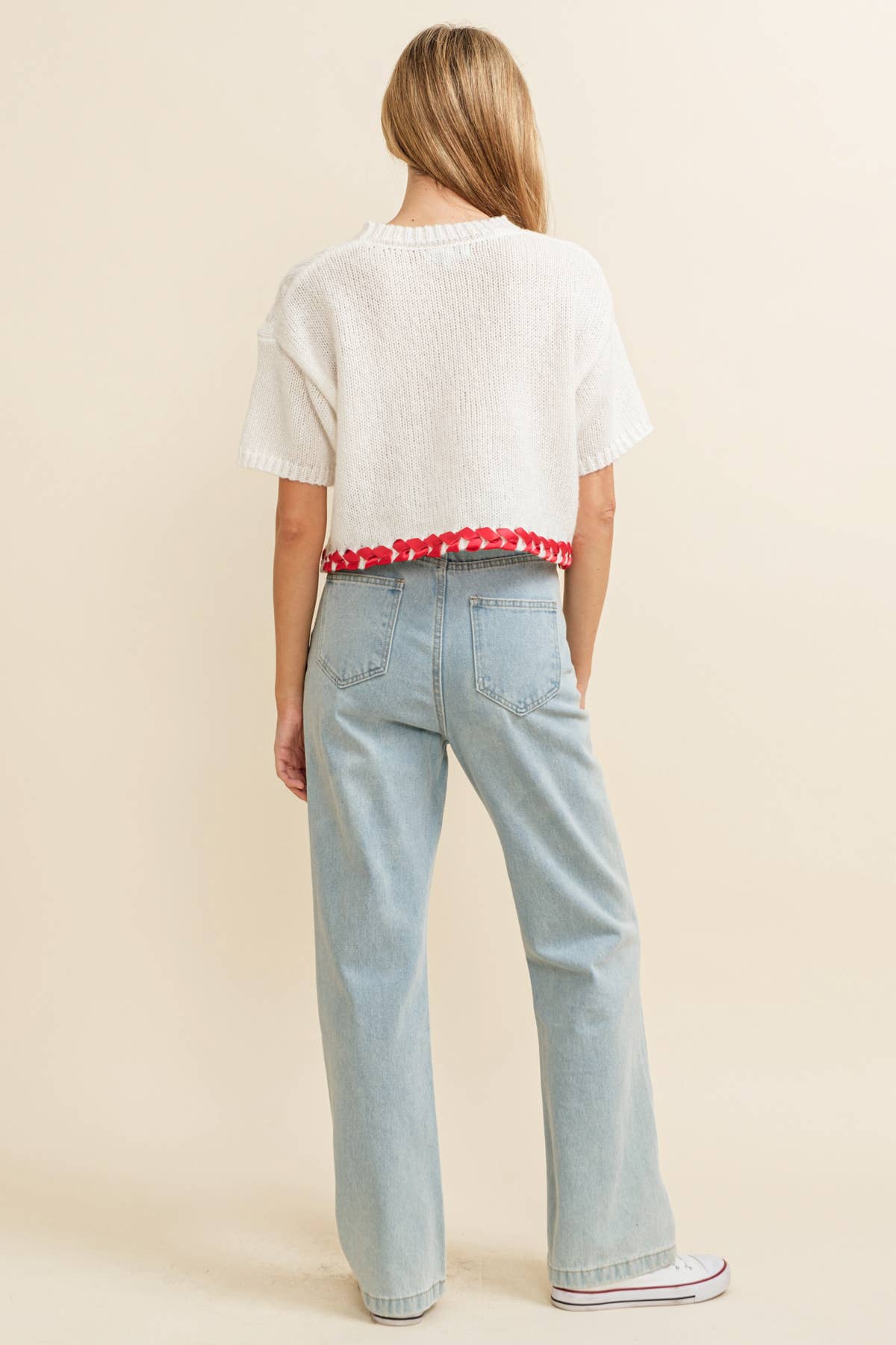 CABLE KNIT CONTRAST STITCH CROPPED SWEATER by Cloud Ten