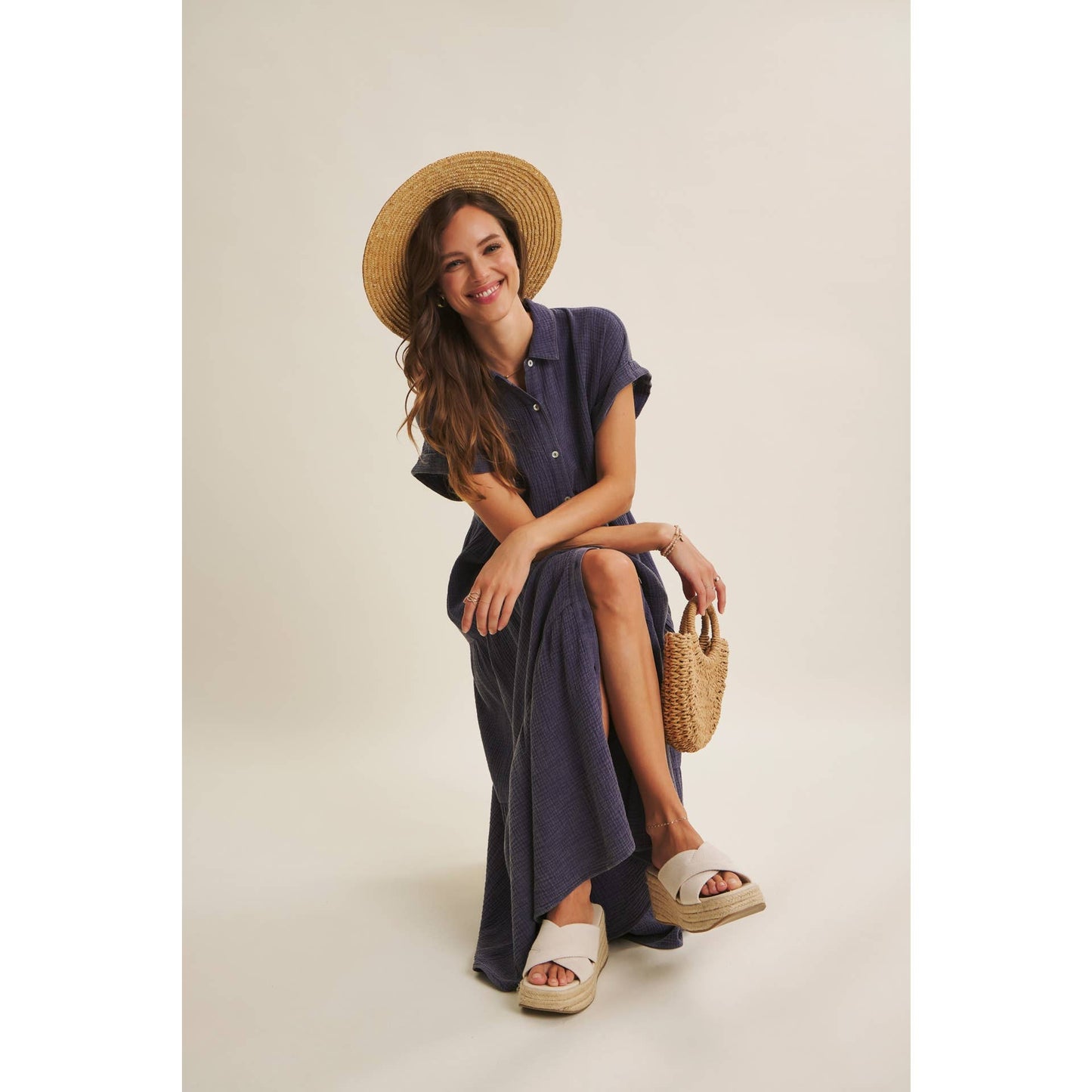 BREEZY MINERAL-WASHED GAUZE OVERSIZED MAXI SHIRT DRESS