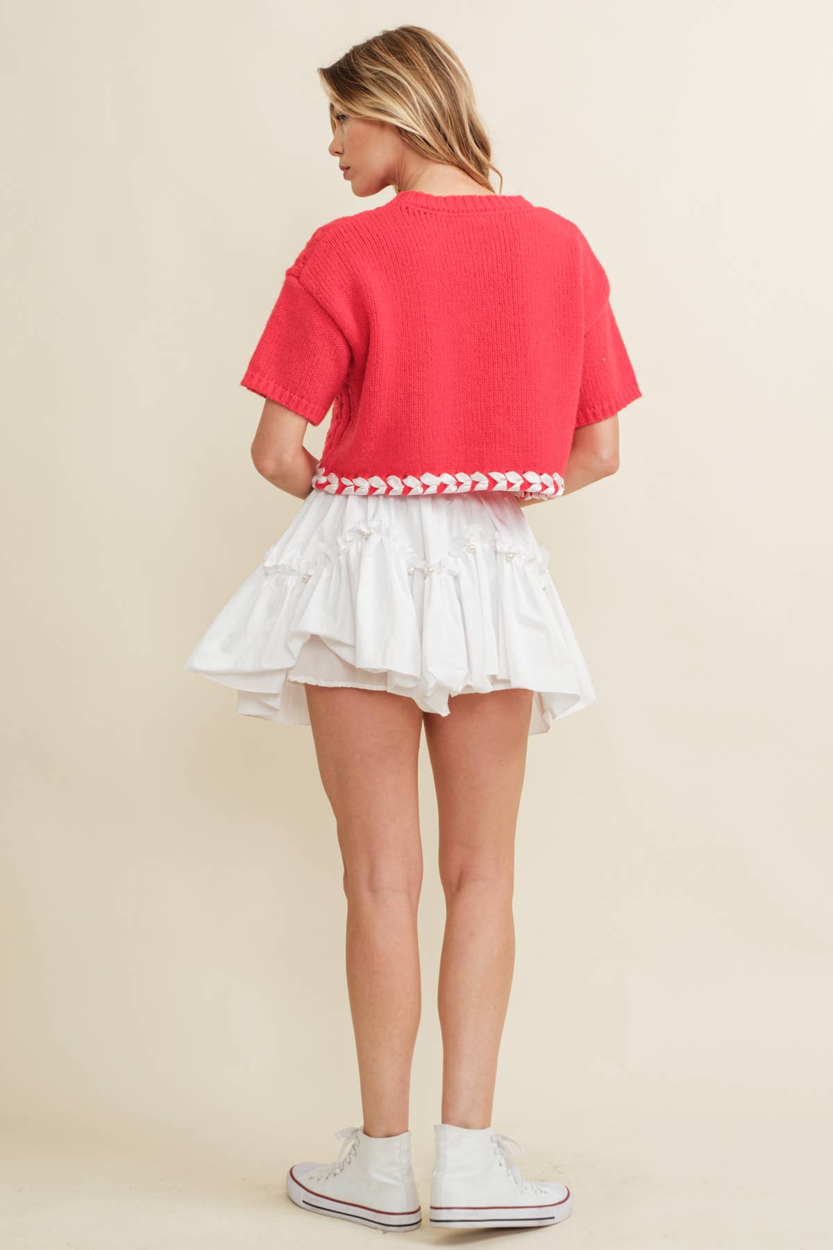 CABLE KNIT CONTRAST STITCH CROPPED SWEATER by Cloud Ten